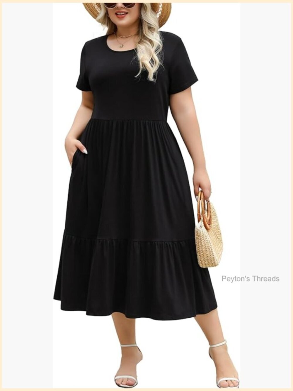 Plus Size Midi Dress with Pockets Tiered Short Sleeve Crewneck